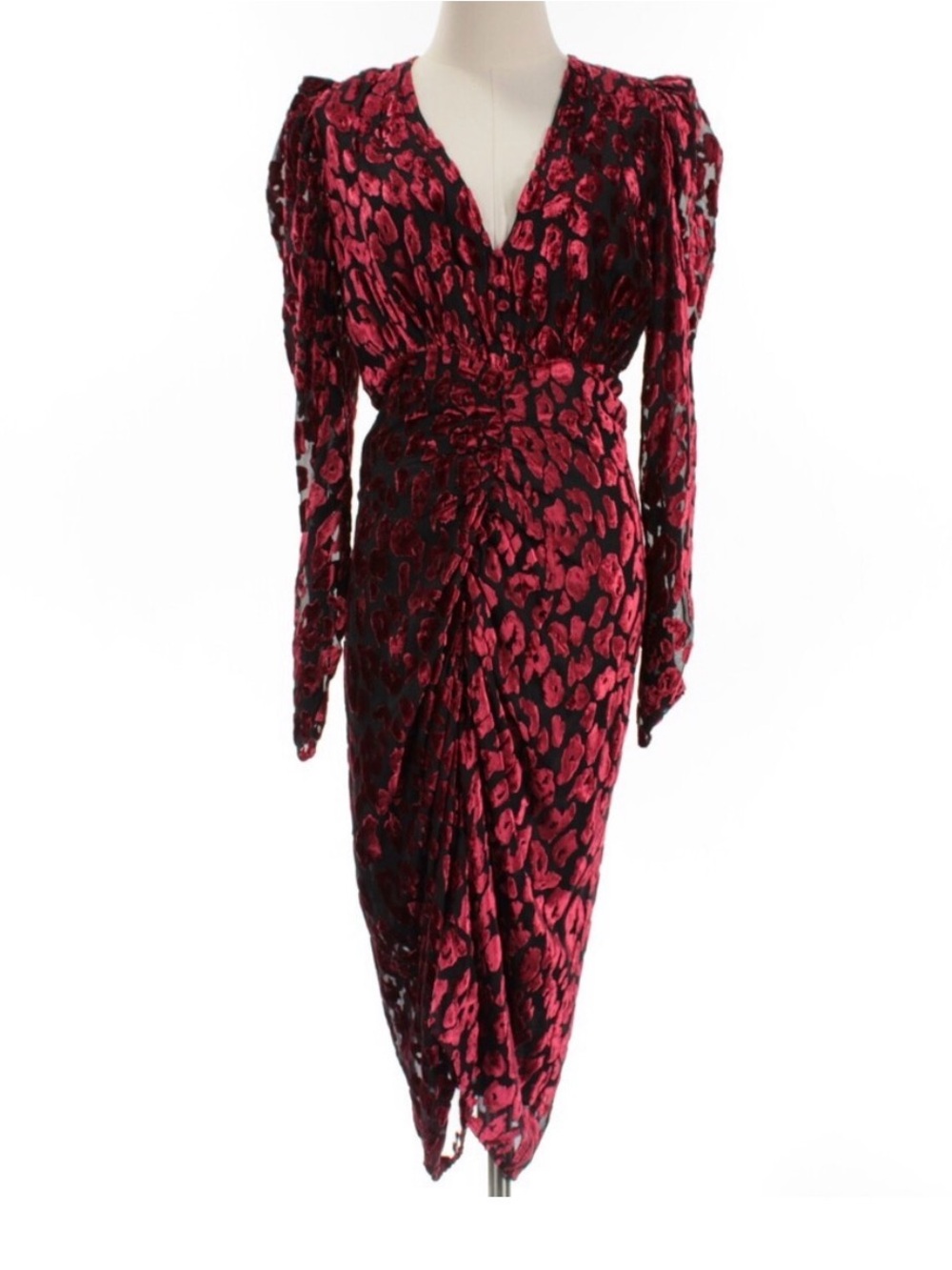 Rococo Sand Haven Black Red Flocked Velvet Ruched Midi Dress NWT Small